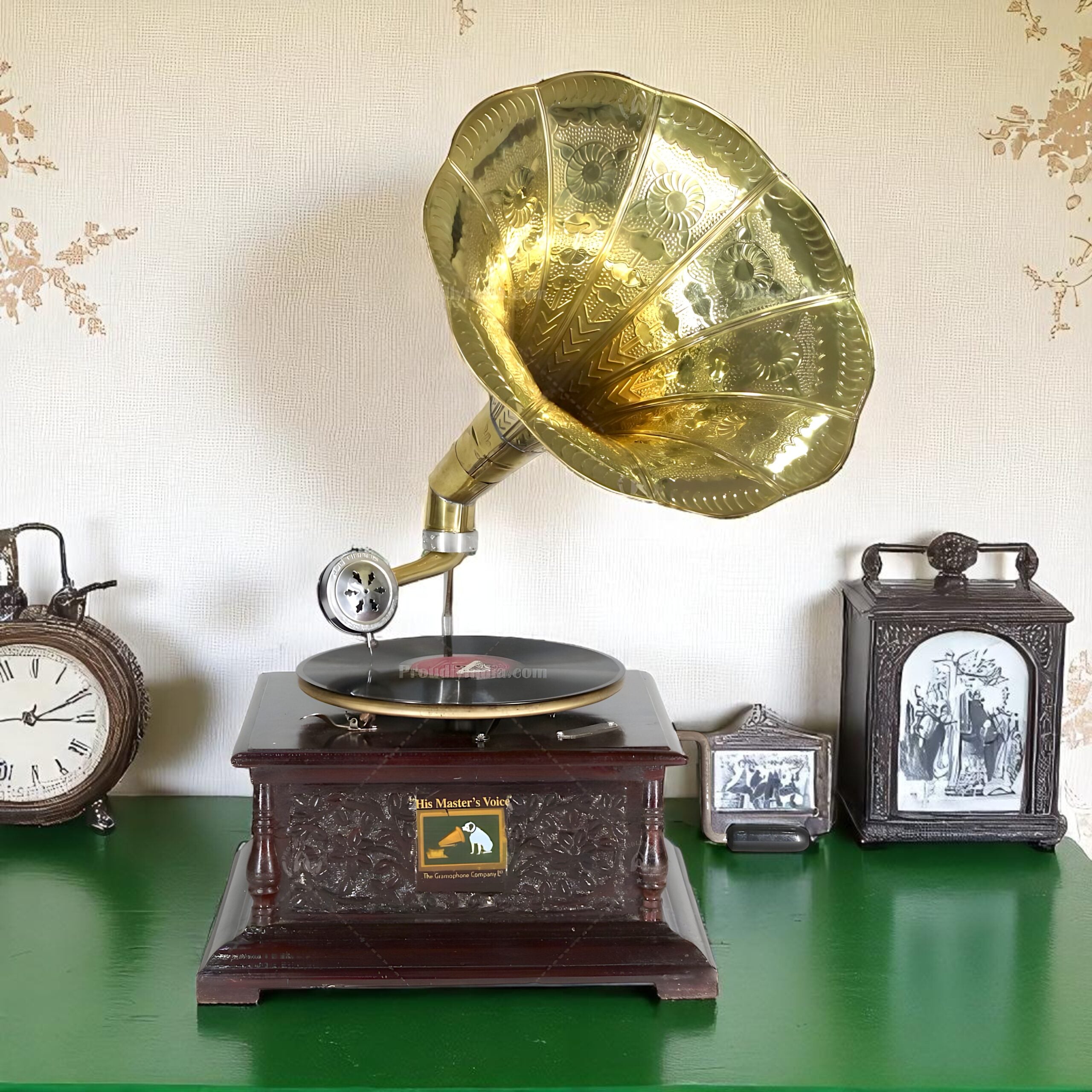His Master Voice Floral Carved Gramophone Box With Horn