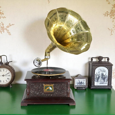 His Master Voice Floral Carved Gramophone Box With Horn