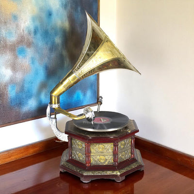 HMV Gramophone With Brass Floral Carving