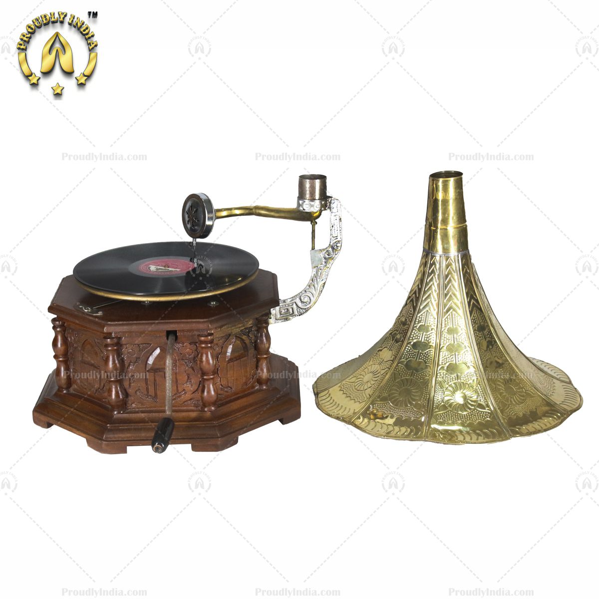 Vintage Music Player Octagon Carved Box With Gold Horn