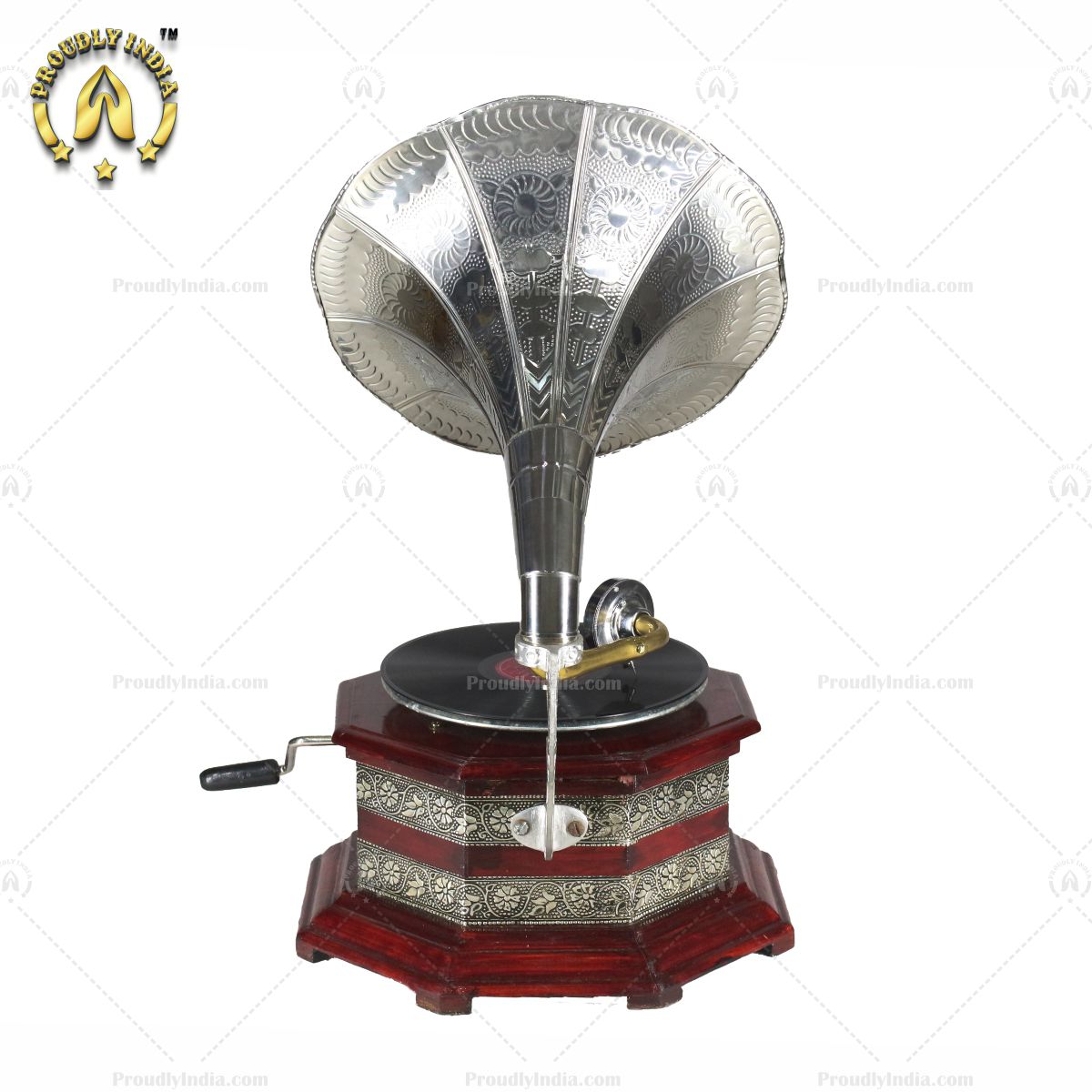 Antique Gramophone Silver Embossed Base With Horn