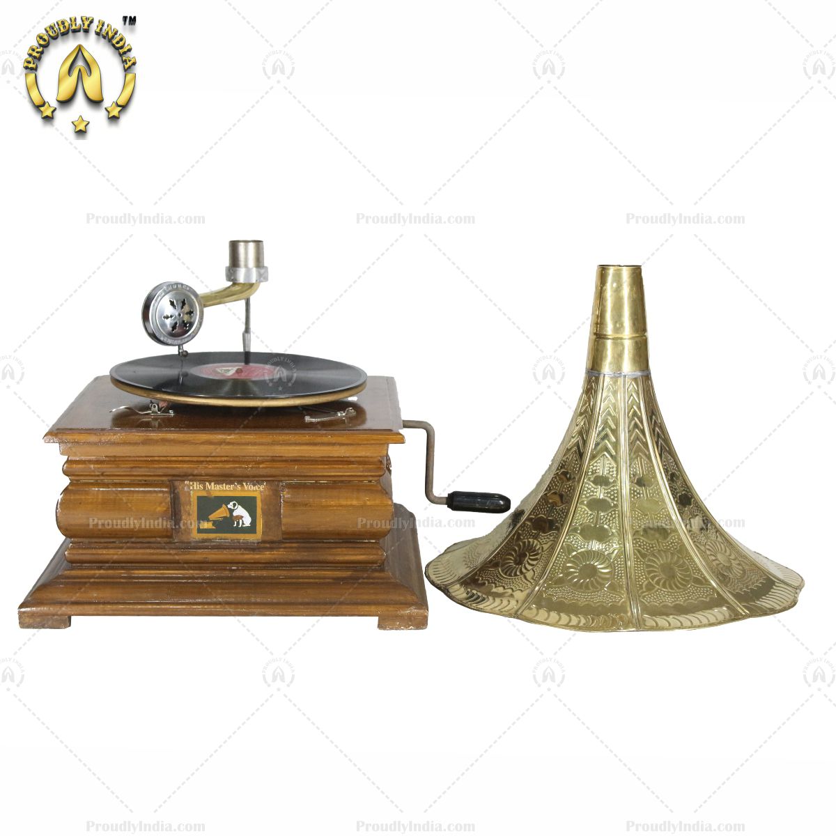 Retro Style Stepped Gramophone Polished Wood Base With Horn