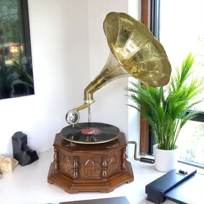 Vintage Music Player Octagon Carved Box With Gold Horn