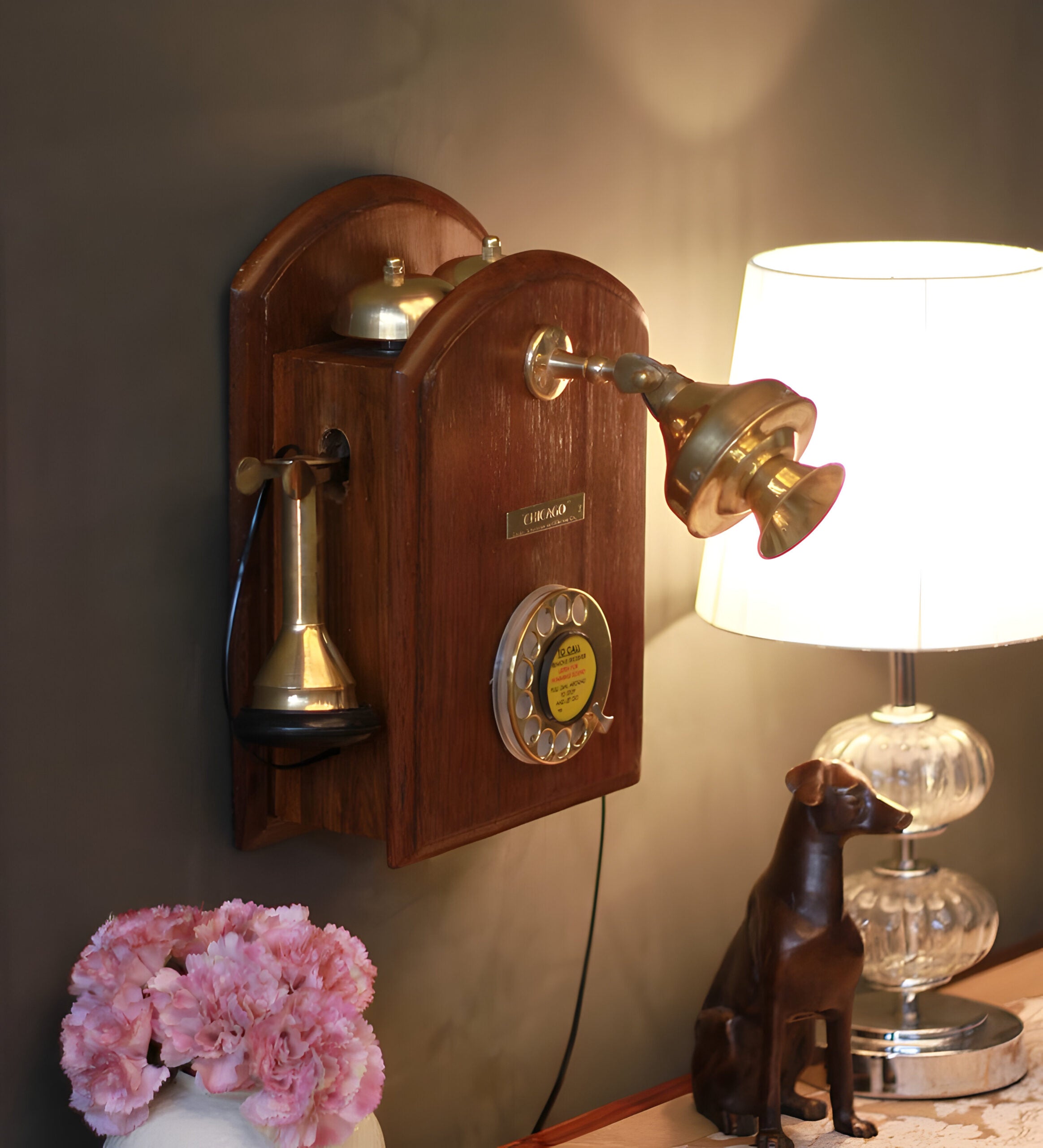 Wood And Brass Rhombus Landline Telephone With Light