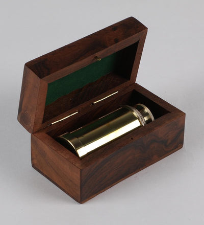 Antique And Compact Gold Finish Brass Telescope In Box