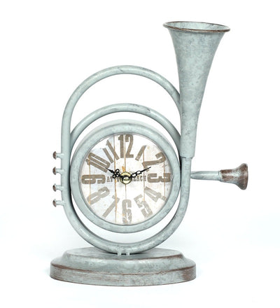 Grey Iron Vintage Horn Shape Rustic Table Top Clock