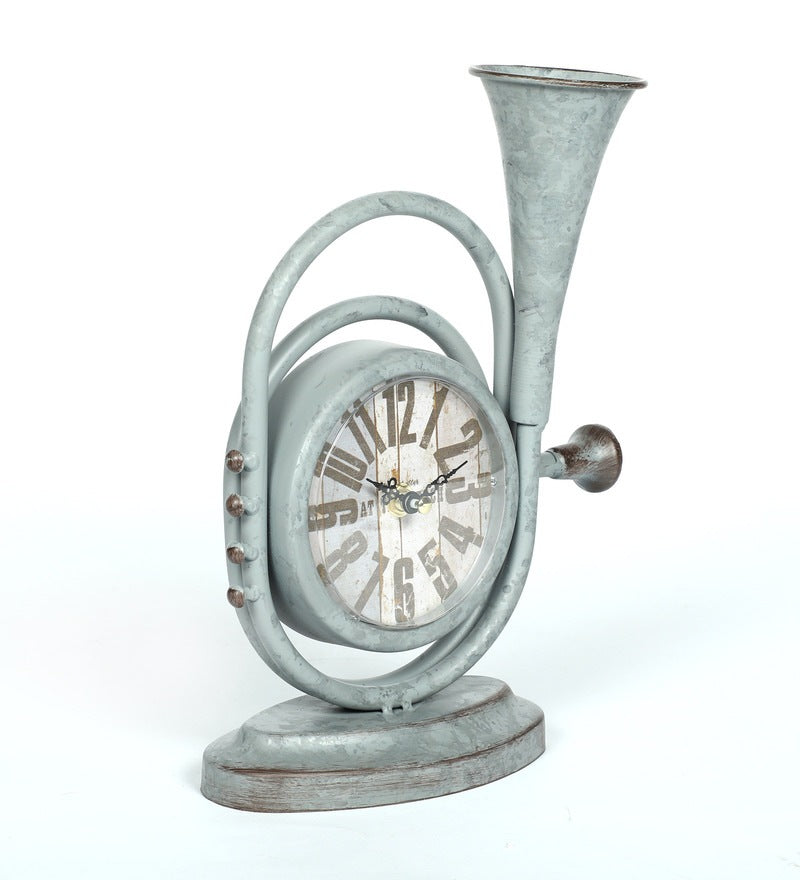 Grey Iron Vintage Horn Shape Rustic Table Top Clock