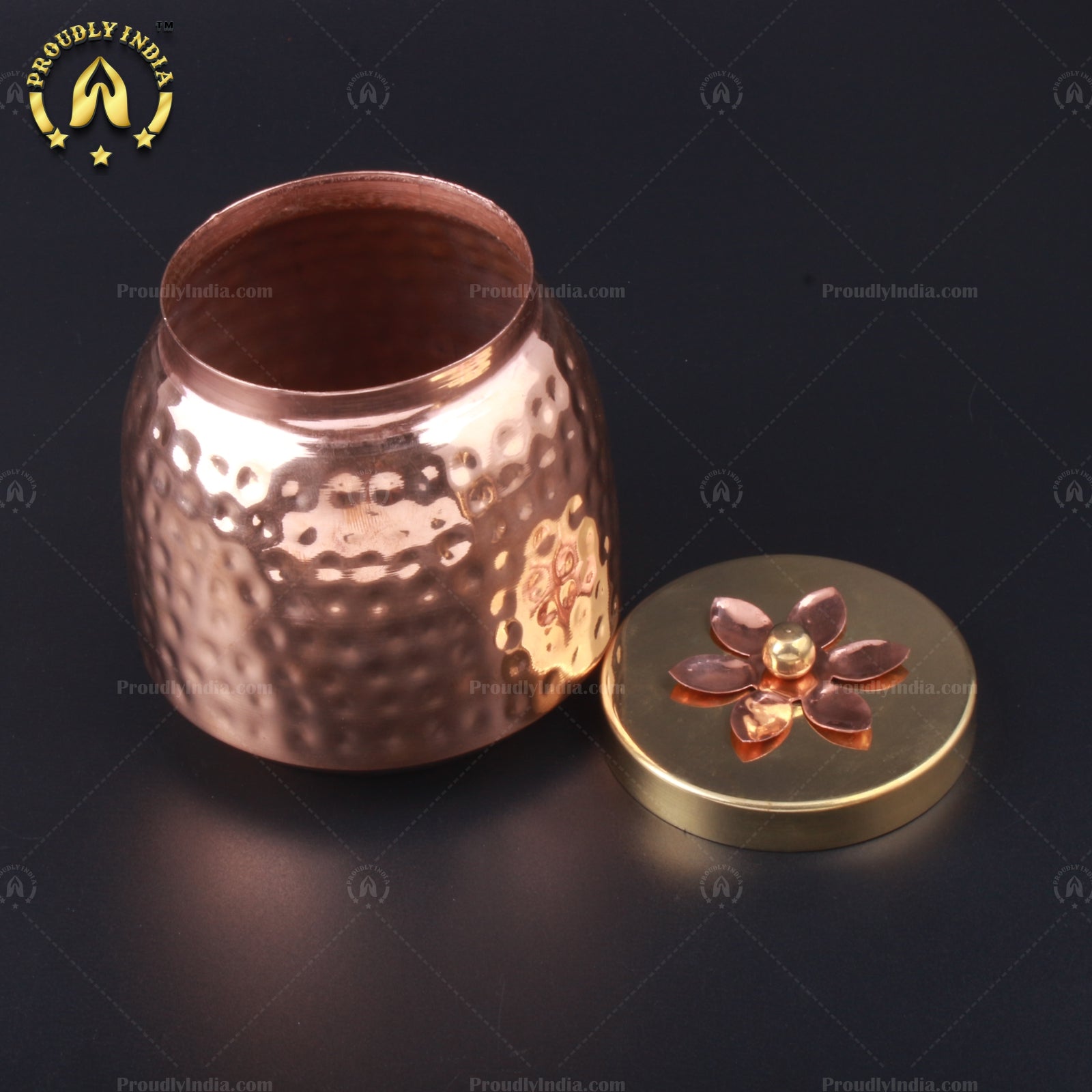 Set Of 2 Copper Hammered Container With Brass Lid