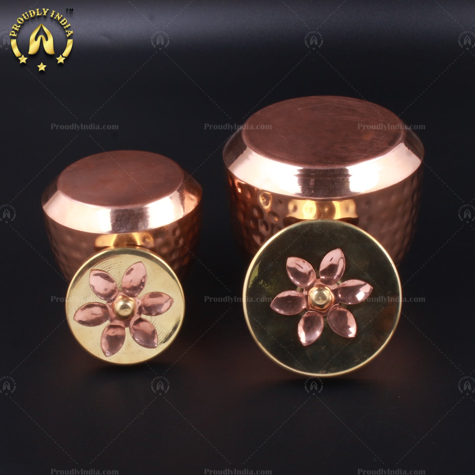 Set Of 2 Copper Hammered Container With Brass Lid