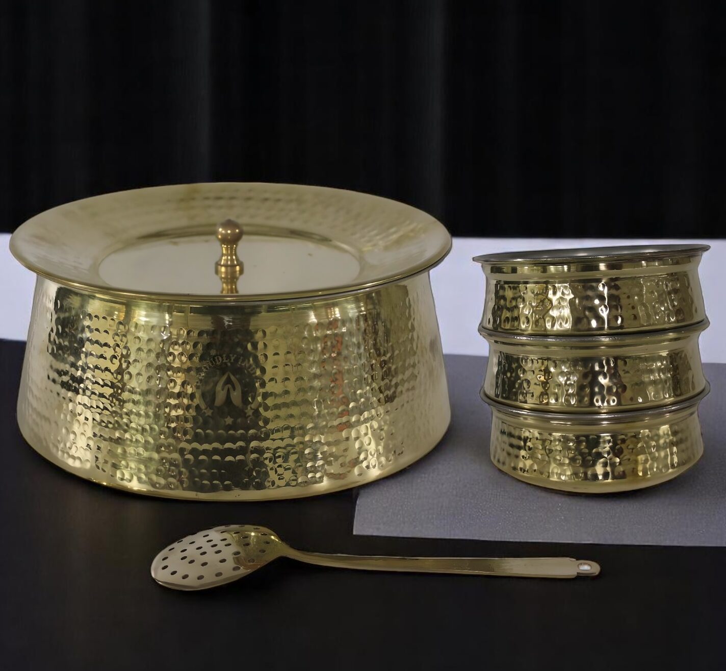 4 Liter Brass Biriyani Handi with Brass Serving Bowl Set and Ladle