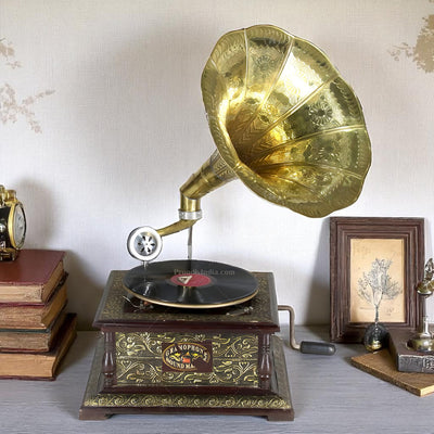 Vintage Music Player With Brass Engraved Horn