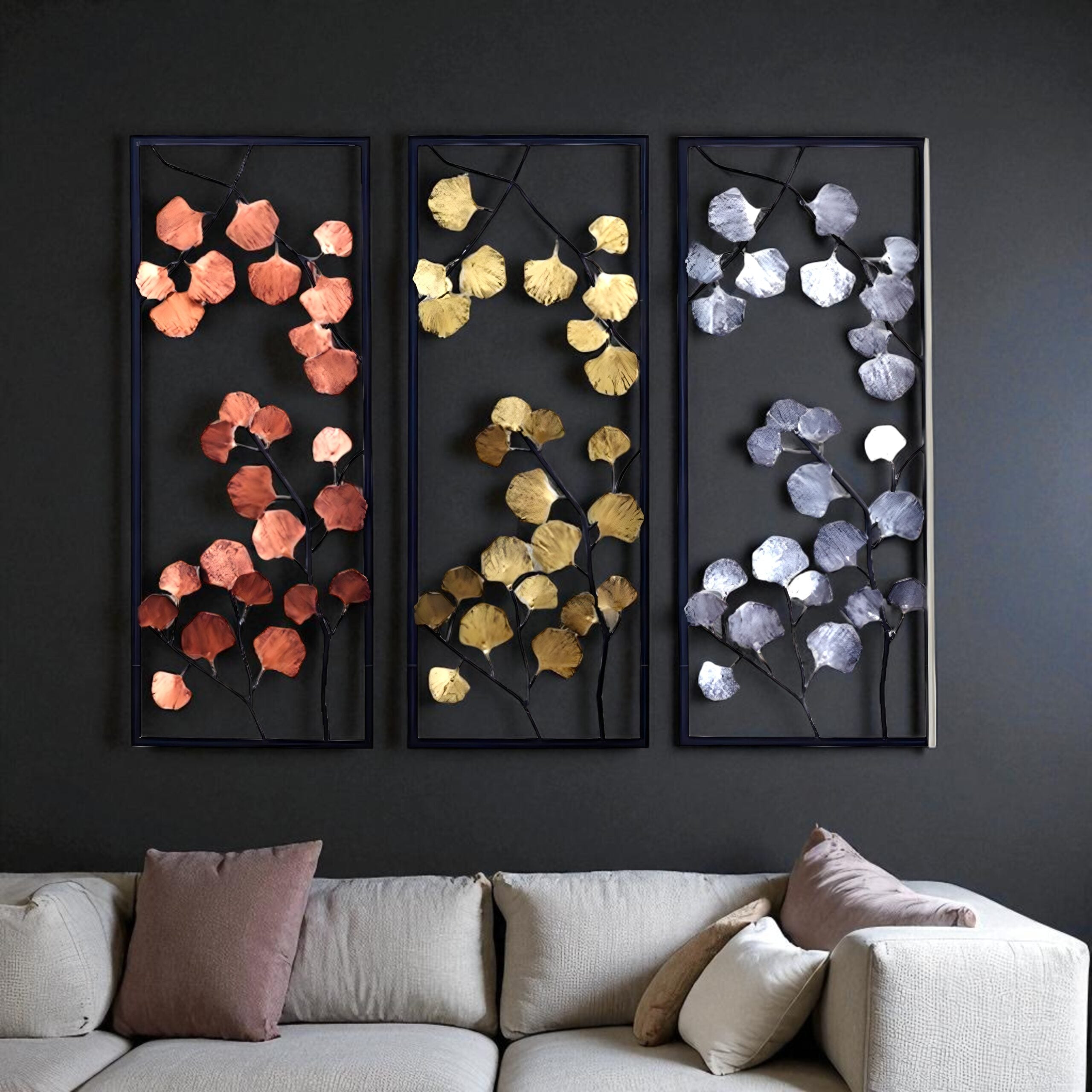 Seasons of Serenity – Set of 3 Framed Metal Leaf Wall Art