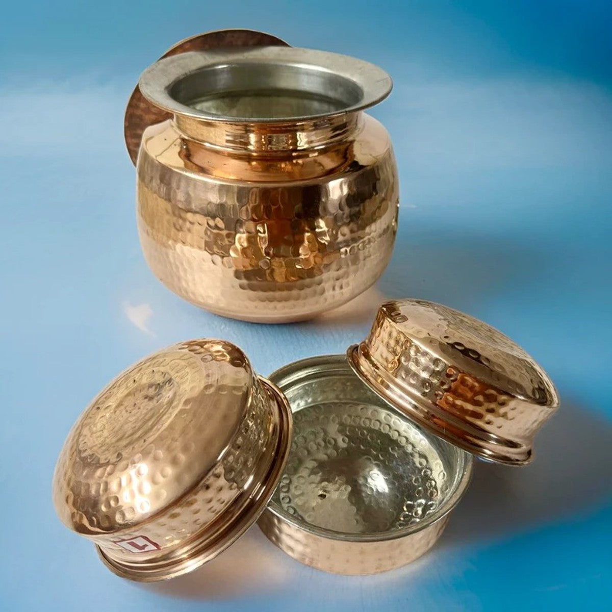 Copper Biriyani Handi 8 Liter With Lid With 3 Serving Bowl and Ladle
